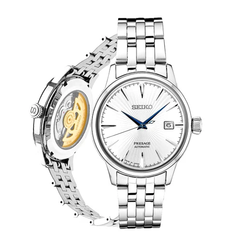 SEIKO SRPB77 Automatic Watch for Men - Presage Cocktail Time - Patterned Silver Dial with Gloss Finish, Date Calendar, 50m Water-Resistant