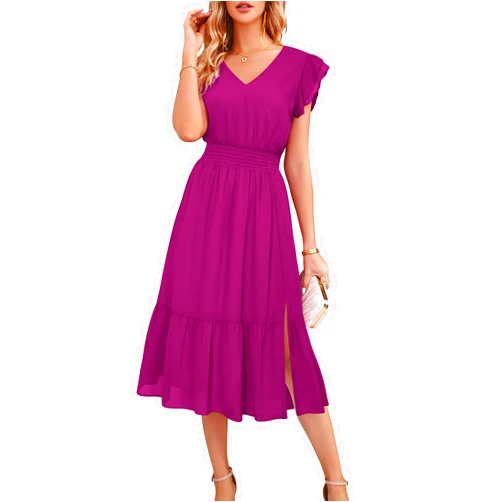 GRACE KARIN Women's V Neck Ruffle Sleeve Summer Dress 2024 Split Flowy Tiered Midi Dress Wedding Guest Cocktail Dresses