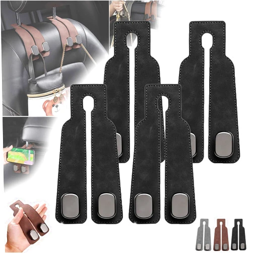 Evarisy Car Seat Back Double Hook, 2024 Leather Car Seat Headrest Double Hooks, Upgraded 2 in 1 Purse Hook for Car Seat, Universal Hidden Multifunctional Headrest Hooks (Black,4PCS)
