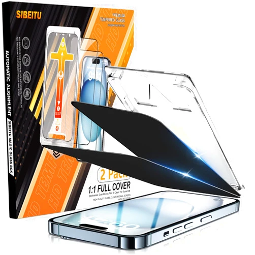 SIBEITU 2 Pack Privacy Screen Protector for iPhone 15 Plus, 6.7 Inch [Auto Alignment Kit] 25° Anti-Spy Tempered Glass Film, 9H Hardness Sensitive Touch Auto Dust Removal Installation, Case Friendly