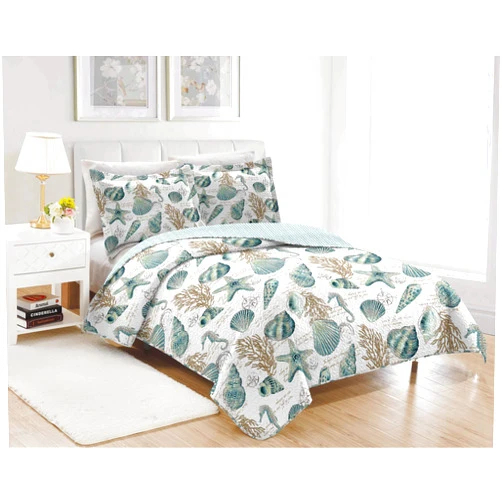 Oliven 3 Pieces Beach Shell Bedspread Queen Size Ocean Theme Seashell Conch Summer Quilt Lightweight Thin Reversible Conch Shell Hippocampus Starfish Coral Printed Coverlet Set Coastal Bedding-Blue White