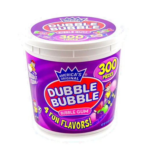 Tootsie Roll Dubble Bubble Gum - 300 Count Resealable Tub of Individually Wrapped Fruit and Bubble Gum - Original, Watermelon, Apple and Grape Flavors - Peanut and Gluten Free, 47.6 Ounce