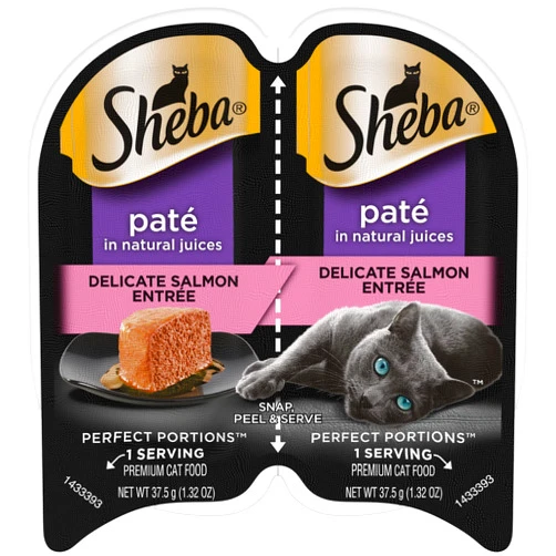 Sheba Wet Food PERFECT PORTIONS Paté Adult Wet Cat Food Trays (24 Count, 48 Servings), Delicate Salmon Entrée, Easy Peel Twin-Pack Trays , 1.32 Ounce (Pack of 48)