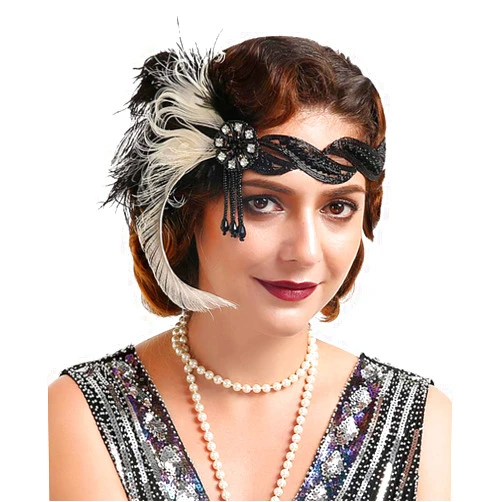 Anglacesmade Bridal 1920s Flapper Feather Headband with Stretchy Lace Band Crystal Beaded Tassel Peacock Feather Headpiece Hair Jewelry for Women and Girls