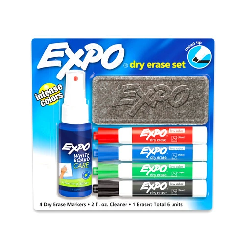 EXPO Low Odor Dry Erase Marker Set with White Board Eraser and Cleaner, Chisel Tip Dry Erase Markers, Assorted Colors, 6 Piece Set with Whiteboard Cleaner