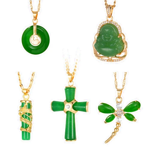 ALYXUY 5Pcs Green Jade Buddha Pendant Necklace Set 18K Gold Plated Zircon Chain Lucky Buddha Necklace for Women Cross Dragon Dragonfly Round Pendant Necklaces for Women Jewelry