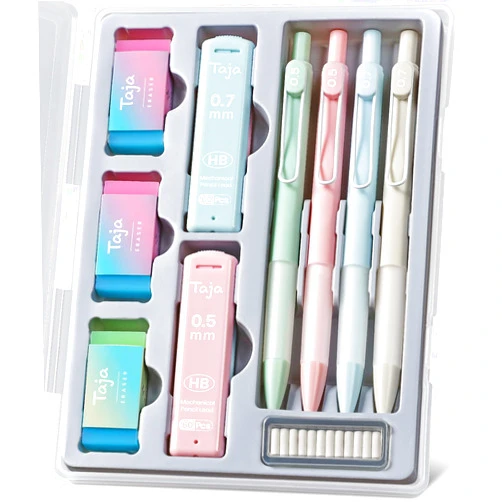 Taja Cute Mechanical Pencil Set, 4 Pcs Pastel Mechanical Pencils 0.7 & 0.5mm with 4 Tube Leads Refills, 3 Erases & 1 Box Eraser Refills, Aesthetic pencils for Girl Boy, Back to School Supplies-Pastel