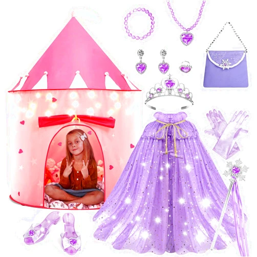 WTOR 15Pcs Princess Castle Play Tent Dress Up with LED Glow in The Dark Stars for Little Girls－Princess Dress Up Cape with Crown,Girl Play Tent/House Toy for Indoor & Outdoor Use (Purple)