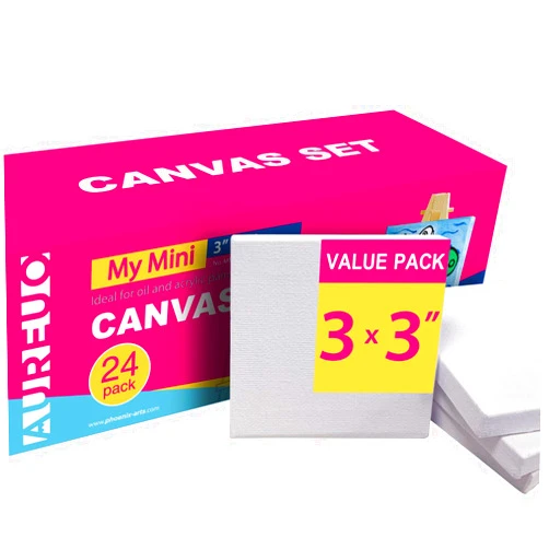 AUREUO Mini Stretched Canvas - 3x3 Inch/24 Pack - 2/5 Inch Profile Small Square Canvas - Gift Set Bulk Pack Canvases for Acrylic Painting & Craft