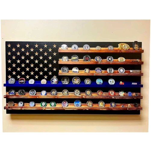 Bayou Built Thin Blue Line Challenge Coin Holder Display, Wooden Shelves hold 90-100 Coins, for Military, Police, Law Enforcement, First Responders, Custom Handmade High Quality, Made in Texas