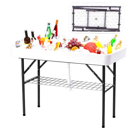 Haddockway Folding Ice Cooler Table with Drain&Grid Frame,Portable Outdoor Chill Table w/Sink for Cooling Food Drinks,Beverage Buffet Server with Skirt,Party Ice Bin Table for Camping,Picnic,Wedding