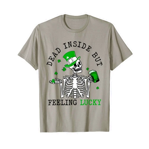 Skeleton With Coffee Happy Saint Patrick's Day Tee Skeleton Dead Inside But But Feelin Lucky St Patrick's Day T-Shirt