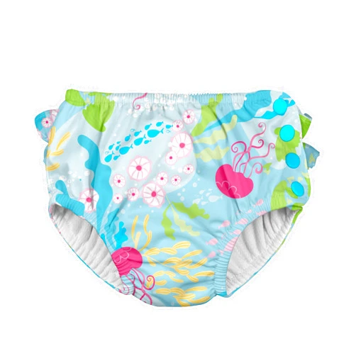 Green sprouts i Play. Toddler Girls' Ruffle Snap Reusable Absorbent Swim Diaper, Aqua Coral Reef, 4T