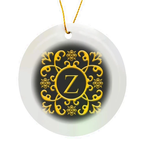 3dRose Circle Porcelain Ornament - Floral Decorative Monogram. Gold on Black. Outstanding Letter Z Alexis Design - Monogram Floral