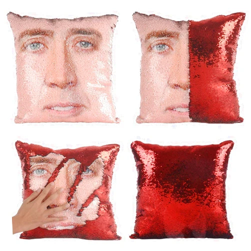 Meachin Nic Cage Sequin Throw Pillow Cover Magic Reversible Funny Sequin Pillow Case Decorative Cushion Cover 16x16 Inches (red)