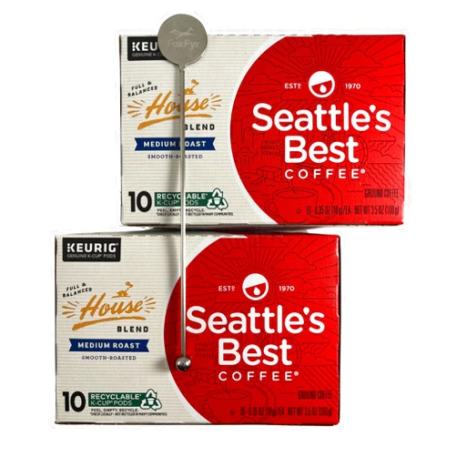 FOXFYR Coffee Pod Bundle Includes: (2) 10 Count Boxes of Seattle's Best House Blend Coffee Pods, And (1) Premium Reusable Stainless Steel FoxFyr Swizzle Stir Stick.