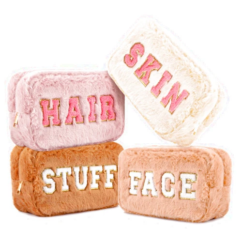 Paterr 4 Pieces Chenille Letter Preppy Patches Makeup Bag Plush Fuzzy Cosmetic Hair Skin Face Toiletry Bag Stuff Pouch with Zipper Valentine‘s Day Gifts for Women(Pink Brown)