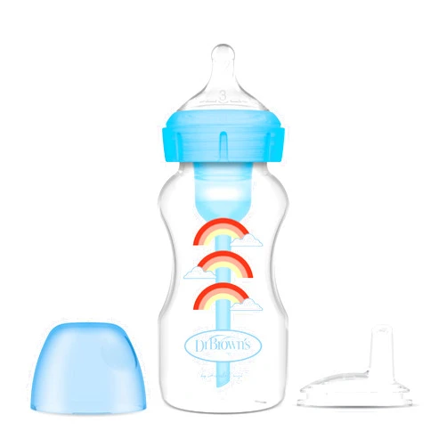 Dr. Brown's Natural Flow Anti-Colic Options+Wide-Neck Sippy Bottle Starter Kit, 9oz/270mL, with Level 3 Medium-Fast Flow Nipple and 100% Silicone Soft Sippy Spout, Blue, 6m+