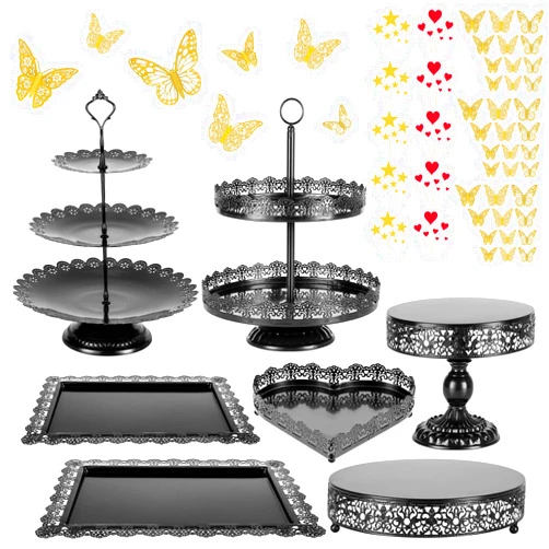 GPUSFAK 113 Pcs Black Cake Stands Dessert Table Set-Metal Cake Display Tiered Cupcake Holder Candy Plate for Valentine's St. Patrick's Day Wedding Birthday Party Baby Shower Celebration Decor