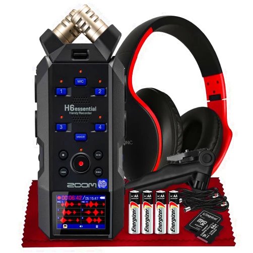 SonicSound Technologies Zoom H6essential Portable Studio Recorder, H6E 32-Bit Float, 6-Track Recorder, 4XLR/TRS with 64GB SD, Tripod, Headphone w/Mic, Batteries & More for Musicians Podcaster Filmmaker