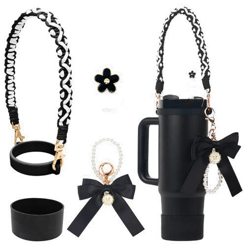 BELSITA Stanley Cup Accessories Set, Bow Pearl Chain Braided Design Water Bottle Handle Strap, Silicone Stanley Cup Boot, Stanley Charms for Stanley Cup 30/40oz Tumble (Black)