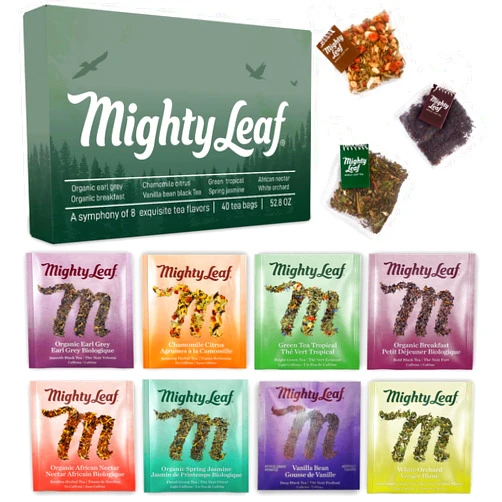 Mighty Leaf Tea Bags Spring Sampler Assortment (40 Silk Bags) Organic (8 Flavors), Tropical, Chamomile Citrus, Earl Grey, Vanilla Bean, White Orchard, Breakfast, Spring Jasmine, African Nectar, Tea Giftbox