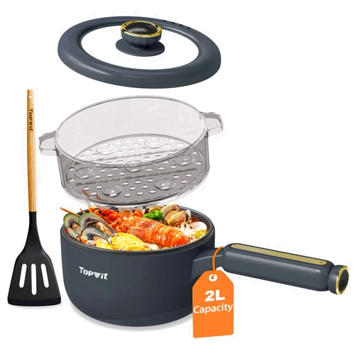 TOPWIT Hot Pot Electric with Steamer, 2L Multifunctional Electric Pot, Non-Stick Sauté Pan, Portable Pot for Steak, Fried Rice, Ramen, Soup with Dual Power Control (Silicone Spatula Included), Grey