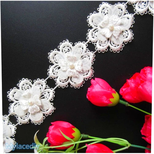 Qiuda 2 Yard 3-Layer Pearl Beaded Flower Lace Edge Trim Ribbon 2