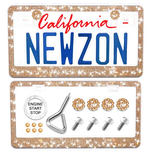 Newzon Bling Gold Rhinestone License Plate Frames, Handcrafted Sparkly Crystal Diamond License Plate Holders Stainless Steel Chrome Car Plates for Women, with Crystal Caps Set(2 Pack)