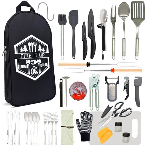 BOMKI Grilling and Camping Cooking Utensils Set for The Outdoors BBQ - Camping Utensil Set Camping Kitchen Set Cookware Accessories Camping Essentials Camping Stuff Camp Cooking Set (Black Pro)