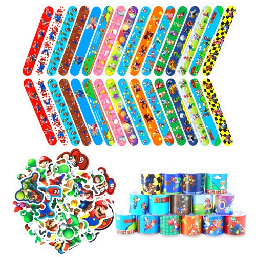 HHMJZW 32PCS Mario Bros Slap Bracelet Toys and 50 PCS cartoon Mario Bros party stickers carnival prizes - for Kids Boys & Girls Birthday Party Supplies Favors