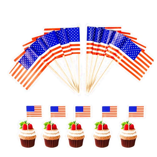 EVYIENEN 100 Pack USA American Flag US Toothpick Flags, Cocktail Picks Mini Stick Cupcake Toppers Country Picks Party Decoration Celebration Cocktail Food Bar Cake Flags for Appetizers Party Supplies