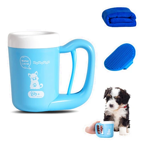 AMBAYLOG Small Pet Paw Cleaner Cup - Easy Press Design Dog Foot Washer with Soft Massage Brush & Absorbent Towel - Reusable Durable Paw Cleaning Cup for Dogs Cats, Easy to Clean Handheld Bath Tool