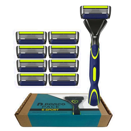 DORCO Pace 6 Sport System - Six Blade Razor System with Trimmer and Pivoting Head - 9 Pack (1 Handle + 9 Cartridges)