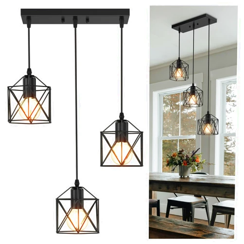 Phaosio 3 Pendant Lights Dining Room Light Fixture, Kitchen Lighting Fixtures Ceiling Square Base Matte Black Hanging Farmhouse Lamps for Kitchen Island Bar