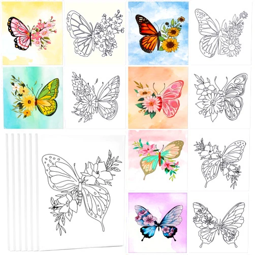 Generic 6 Pack Butterfly Flower Theme Pre Drawn Canvas to Paint, 8x10 Inches Butterflies Pre Sketched Canvas for Painting for Adults Kids, Paint and Sip Kit Party Supplies