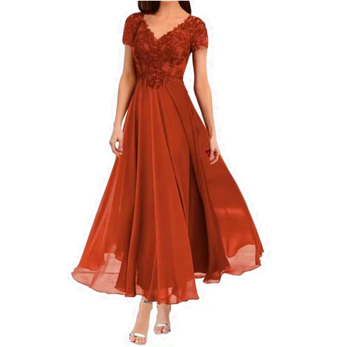 UMLXYER Tea Length Mother of The Bride Dresses V Neck Lace Appliques Chiffon Short Sleeve Formal Evening Dresses for Women