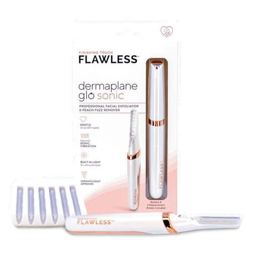 Finishing Touch Flawless Dermaplane Glo Sonic Lighted Facial Exfoliator, Electric Vibrating Dermaplane Razor for Dermaplaning, Facial Hair Removal, 6 Replacement Heads