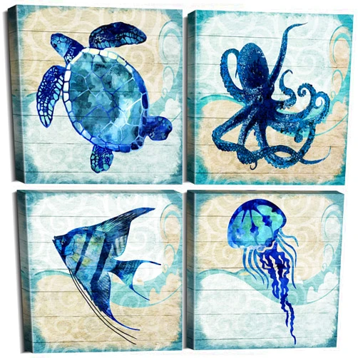 YOOOAHU Navy Blue Beach Themed Fish Sea Turtle Jellyfish Octopus Wall Art Bathroom Decor Ocean Nursery Picture Canvas Kids Boho Under the Sea Animal Painting for Living Room Bedroom Home Decorations 12x12