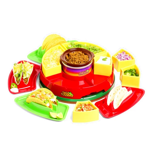 Nostalgia Taco Tuesday Heated Lazy Susan Taco Bar Serving Set for a Party with 4 Tortilla Holders, Fondue Pot for Burritos, Nachos, and Fajitas - 20 Oz. - Red
