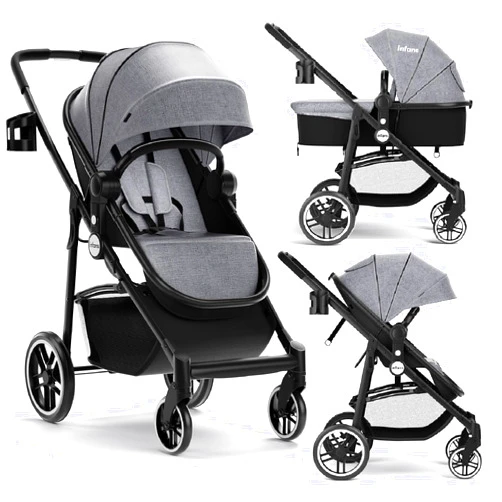 INFANS 2 in 1 Baby Stroller, High Landscape Infant Stroller & Reversible Bassinet Pram, Foldable Pushchair with Adjustable Canopy, Cup Holder, Storage Basket, Suspension Wheels (Grey)