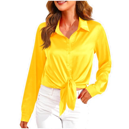 Bawilom Womens Satin Blouses Soft Silk Button up Shirts Silky Long Sleeve Business Work Shirt Dress Dressy Casual Blouses