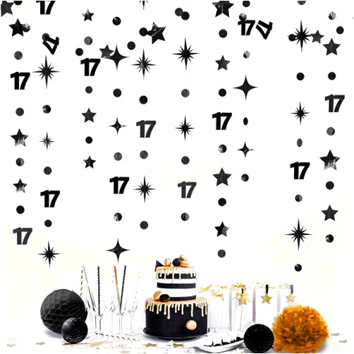Pinkblume Black 17th Birthday Decorations Number 17 Circle Dot Star Garland Streamer Banner Backdrop for Girls Boys Cheers to 17 Years Old Birthday 17 and Fabulous Happy 17th Anniversary Party Supplies
