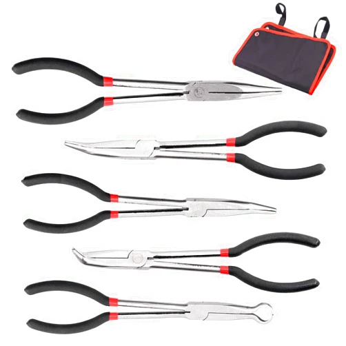 Swpeet 5Pcs Precision 11inch Long Needle Nose Pliers Assortment Kit, Long Reach Pliers Set Wire Plier Repair Tool - Straight, 25, 45, 90-Degree Angle, Long Reach Circle Pliers Perfect for Auto Body