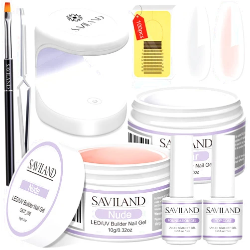 SAVILAND Builder Nail Gel Set - 2 Basic Colors Nail Extension Kit Clear Nude Nail Strengthen Gel with Nail Brush 100 Pcs Nail Forms for Nail Extension at Home Nail Salon, Nail Art DIY