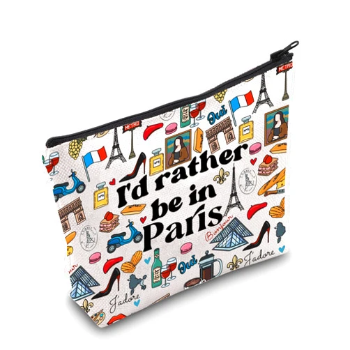 LEVLO Funny Eiffel Tower Cosmetic Make Up Bag France Paris Travelers Gifts i'd Rather Be In Paris Makeup Zipper Pouch Bag For Women (In Paris Full Bag)