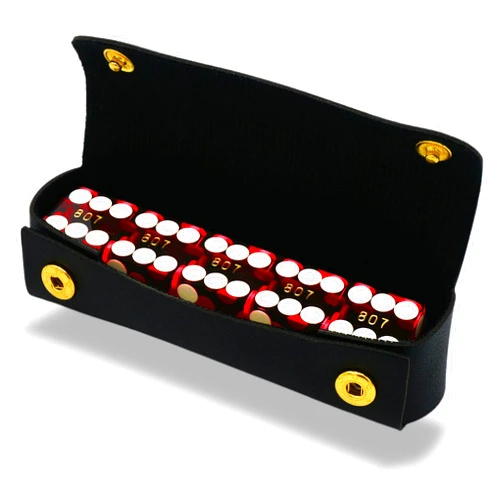 Luck Lab Grade AAA 19mm Casino Dice with Razor Edges and Matching Serial Numbers Set of 5 and Leather Dice Case (Red)
