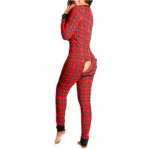 Michellecmm Women Butt Button Back Flap Jumpsuit Pajamas V-Neck Button Down Long Sleeve One Piece Bodysuit Rompers Sleepwear