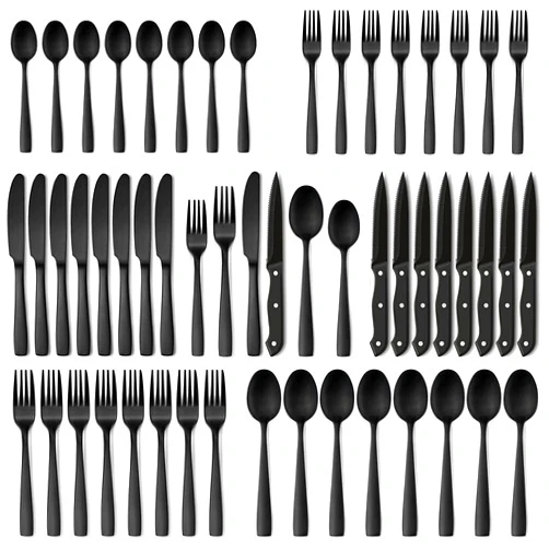 Hiware 48-Piece Matte Black Silverware Set with Steak Knives, Black Flatware Set for 8, Stainless Steel Tableware Cutlery Set, Utensil Sets for Kitchen