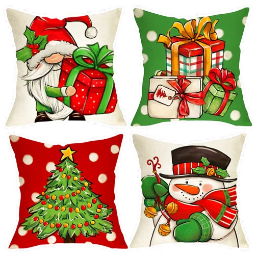 Fjfz Christmas Tree Snowman Gnome Decorative Throw Pillow Covers 16x16 Set of 4, Xmas Present Gifts Red Green Polka Dots Porch Outdoor Home Decor, Bells Holly Berry Winter Holiday Party Cushion Case